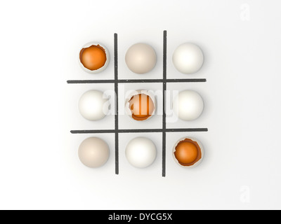 Ostern 3d Render-Darstellung der Nullen und Kreuze, neun Eiern aus Draufsicht Stockfoto