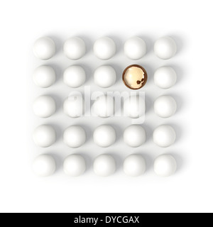 fünfundzwanzig weißen Eiern in Reihen mit einem gebrochenen Schokoladen-Ei auf weißem Hintergrund - 3d Render Abbildung Stockfoto
