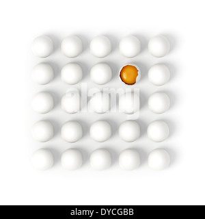 fünfundzwanzig weißen Eiern in Reihen mit einem gebrochenen zeigt Eigelb auf weißem Hintergrund - 3d Render Abbildung Stockfoto