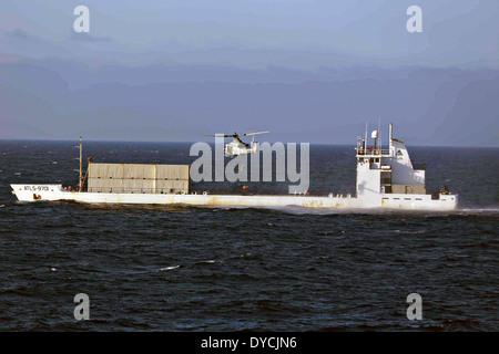 Ein US-Marine mit den maritimen Raid Kraft schnell-Seilen von einem UH-1Y Huey Hubschrauber-während eines Besuchs, Board, Suche und Beschlagnahme Ausbildungsmission 11. April 2014 vor der Küste von San Diego, Kalifornien. Stockfoto