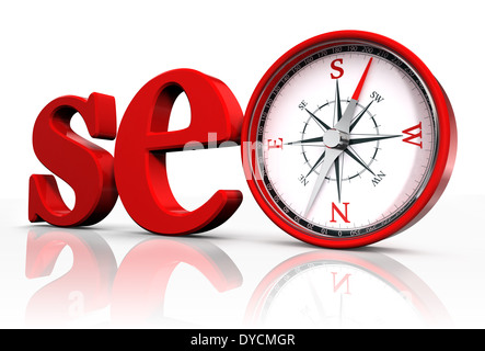 SEO rote Wort und konzeptionelle Kompass auf weißen background.clipping Pfad enthalten Stockfoto