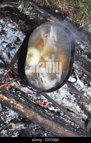 Topf auf einem Ständer stehen über dem Feuer. Vorbereitung Fischsuppe auf dem Feuer während der Fahrt. Stockfoto