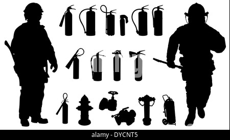 Zwei Feuerwehrmann, 11 Feuerlöscher, Hydranten und andere Accessoires-Silhouette Stockfoto