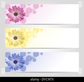 Rosa, gelb und blau Banner mit Blumen für Ihren Text. Stockfoto