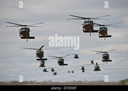 US Armee-UH-60 Black Hawk Hubschraubern führen einen massiven Luftangriff mit Soldaten der 101. US-Luftlandedivision während der Operation Golden Eagle 8. April 2014 in Fort Campbell, Kentucky. Stockfoto
