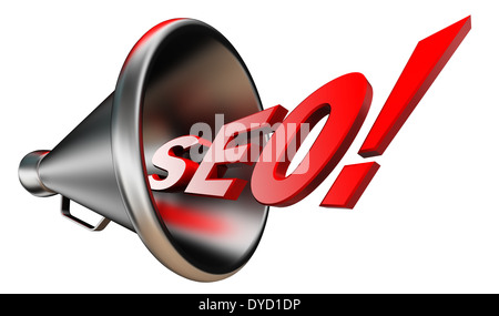 SEO rote Wonrd und konzeptionelle Megaphon auf weißem Hintergrund. Clipping-Pfad enthalten Stockfoto