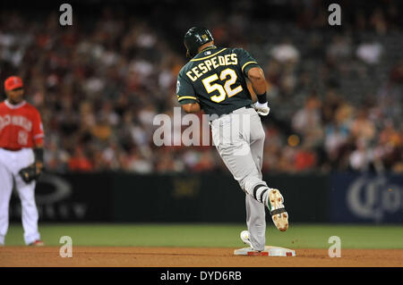 Anaheim, CA. 14. April 2014. Oakland Athletics linker Feldspieler Yoenis Cespedes #52 runden die Grundlagen nach der Kollision mit eines Homerun in der Major League Baseball Spiel zwischen den Oakland Athletics und den Los Angeles Angels im Anaheim Stadium in Anaheim, California.Louis Lopez/CSM/Alamy Live News Stockfoto