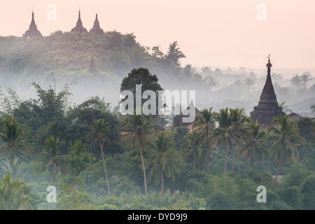 Pagoden und Tempel umgeben von Bäumen, im Nebel, Mrauk U, Sittwe District, Rakhine State in Myanmar Stockfoto