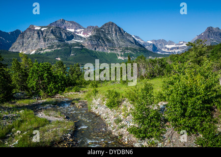 Ein kleiner Gebirgsbach und eine alpine Aussicht in der Nähe von Swift Current Lake, Glacier National Park, Montana, USA. Stockfoto