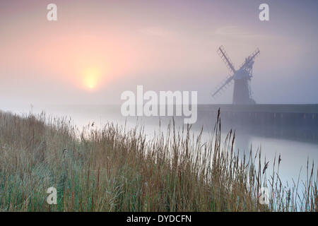 Ashtree Bauernhof Mühle bei Sonnenaufgang auf den Norfolk Broads. Stockfoto