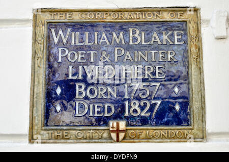 William Blake Gedenktafel außerhalb seiner früheren Heimat in South Molton Street. Stockfoto