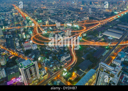 Bangkok, Stadt, Ratchaprarop, Thailand, Asien, Mittel-, Kreuzung, High, Autobahnen, Verkehr, Transport, Skyline, Straße, Lichter, Stockfoto