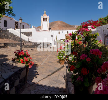 Fuerteventura, Kanarische Inseln, Spanien, Europa, Betancuria, Iglesia de Betancuria, Kirche, Kloster, Blumen, Sommer, Stockfoto