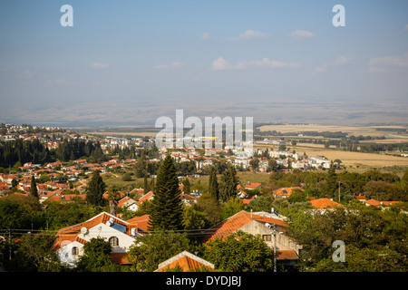Blick über das Hula-Tal von Rosh Pina, Upper Galilee, Israel gesehen. Stockfoto