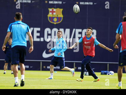 Barcelona, Spanien. 15. April 2014. BARCELONA / Spanien April -15. Leo Messi und Tello im FC Barcelona Training und Pressekonferenz vor dem Finale der Copa del Rey, die in der Ciudad Deportiva Joan Gamper des FC Barcelona stattfand, '' am 5. April 2014 Foto: Joan Valls/Urbanandsport Nurphoto © Joan Valls/NurPhoto/ZUMAPRESS.com/Alamy Live News Stockfoto