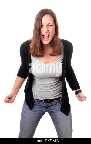 böse Frau mit geballten Fäusten schreien Stockfoto