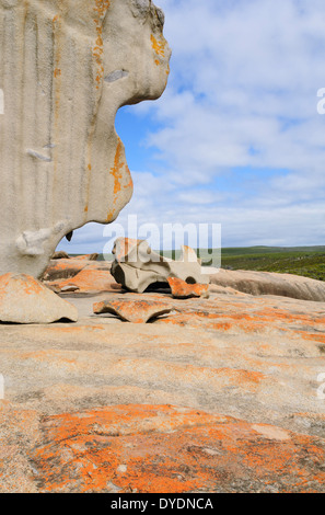 Remarkable Rocks auf Kangaroo Island, South Australia, sind beeindruckende Skulpturen aus schwarzem Glimmer, bläulichen Quarz und rosa Feldspat Stockfoto