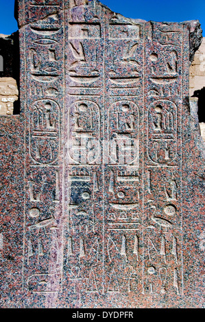 Tempel von Ramses III (1198-1167 v. Chr. – XX ° Dyn.) in Medinet Habu: Reliefs auf die Statue im Hof Stockfoto