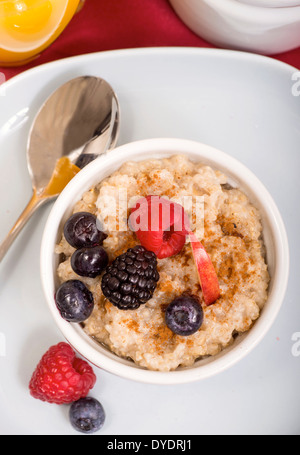 Schale aus Stahl geschnitten Haferflocken mit frischem Obst und Honig serviert Stockfoto