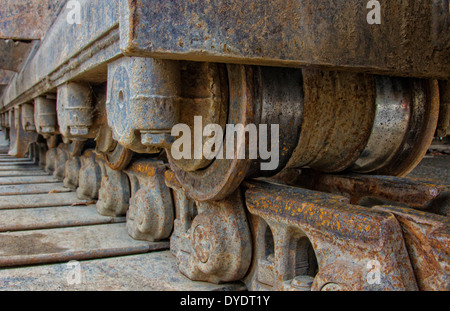 Nahaufnahme des kontinuierlichen Track auf einem Bulldozer treten Stockfoto