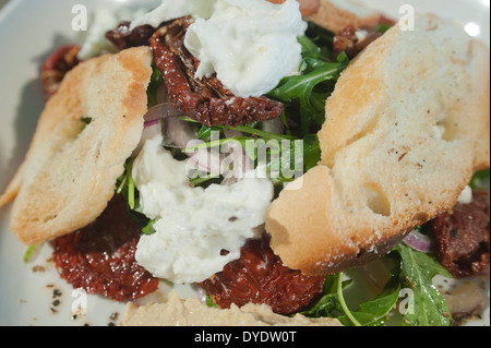 Salat mit Sonne getrockneten Tomaten, Mozzarella Käse, Rucola (oder Rucola) und Brot. Stockfoto