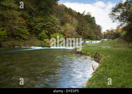 Die sanften Kaskaden auf dem Fluß Lathkill in Lathkill Dale in der Nähe von Laufe Haddon, Derbyshire, Peak District National Park, England Stockfoto