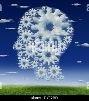 Kopf und Gehirn Getriebe-Konzept als ein Symbol der menschlichen Intelligenz und denken mit einer Gruppe von verbundenen Wolken bis in den blauen Himmel Stockfoto