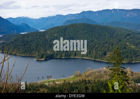 Anzeigen von Burnaby Mountain, unten ein Blick auf die Burrard Inlet und den Wald von belcarra Regional Park. Greater Vancouver. Stockfoto