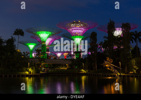 Beleuchtete Supertrees leuchten grün und lila in den Gardens by the Bay in Singapur bei Nacht. Stockfoto