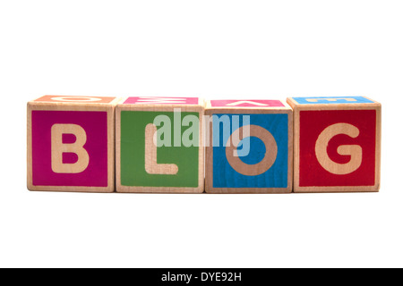 Alphabet-Blöcke BLOG auf weißen Hintergrund isoliert Stockfoto