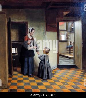 Frau mit einem Kind in einem Vorratsraum, Pieter de Hooch (1629-ca 1683) Öl auf Leinwand C. 1656-1660. Pieter de Hooch arbeitete in Delft für ein paar Jahre zur gleichen Zeit wie Johannes Vermeer. Beide Künstler wurden von, wie man Licht und Raum machen fasziniert. Stockfoto