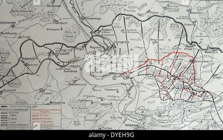 Weltkrieg 1 - Die Schlacht von Verdun von 21. Februar bis 18. Dezember 1916 - Französische Karte, die die wechselnden Positionen die französischen Truppen in Rot, deutschen Angriff Linien in Schwarz dargestellt sind. Stockfoto