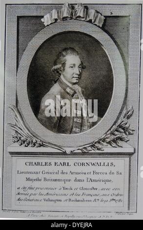 Charles Cornwallis, 1st Marquess Cornwallis KG (31. Dezember 1738 - vom 5. Oktober 1805), gestalteten Viscount Brome zwischen 1753 und 1762 und als Earl Cornwallis zwischen 1762 und 1792 bekannt, war ein britischer Offizier in der Armee und der kolonialen Administrator. In den USA und im Vereinigten Königreich, die er am besten ist, als einer der führenden britischen Generäle im Amerikanischen Unabhängigkeitskrieg erinnert. Stockfoto