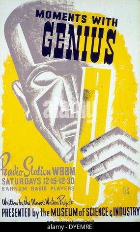 Momente mit Genius von der Illinois Schriftsteller Projekt geschrieben: durch das Museum der Wissenschaft und Industrie vorgestellt, Illinois WPA Kunstprojekt, zwischen 1936 und 1941. Drucken an Bord (Poster): Siebdruck, Farbe. Poster für einen Radio Präsentation 'moments mit Genius" durch das Barnum Radio Spieler auf Radio Station WBBM, zeigt die stilisierten Gesicht von einem Mann mit einem Reagenzglas. Stockfoto