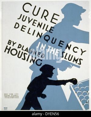 Heilung der Jugendkriminalität in den Slums durch geplante Gehäuse durch die Federal Art Project, [1936]. Drucken an Bord (Poster) Siebdruck, Farbe veröffentlicht. Poster Förderung geplant Gehäuse als Methode der Jugendkriminalität abzuhalten, die Silhouetten von ein Kind stiehlt ein Stück Obst und ein Kind in bewaffneten Raub beteiligt. Stockfoto