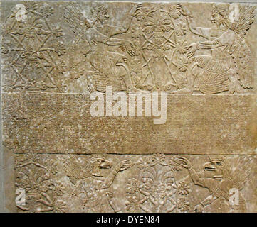 Relief Panel, den Assyrischen Königshof (Galerie 401), an der Metropolitan. Assyrern zu dem Baum des Lebens. 883-859 B.C.; Neo-assyrischer Zeit, Herrschaft von ASSURNASIRPAL II. Bei Nimrud ausgegraben Stockfoto