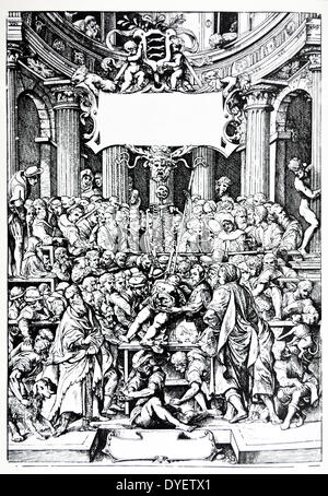 Die Platten aus dem Inbegriff der De Humani Corporis Fabrica von Andreas Vesalius (1514-1564) der frühen Entwurf für die Titelseite der ersten Ausgabe von "De Humani Corporis Fabrica" 1543. Stockfoto