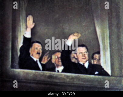 Herman Goring rechts und links Adolf Hitler Welle zu Anhänger aus einem Fenster im Büro des Reichs Kanzler nachdem Hitler 1933 Deutscher Reichskanzler ernannt wurde. Rudolf Hess später Hitlers Stellvertreter ist ganz rechts dargestellt. Stockfoto