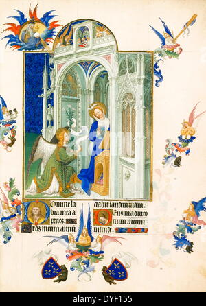 Folio aus, die Teil der "Très Riches Heures" des Lebens von Maria: "Die Verkündigung". In denen ein Engel verkündet die Jungfrau Maria, dass Gott sie zur Mutter seines Sohnes zu werden gewählt hat. Ca. Anfang des 15. Jahrhunderts. Stockfoto