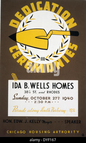 1940 Poster zu der Einweihung Zeremonien für die Ida B. Wells Wohnungen, Parade entlang South Parkway, Chicago Housing Authority bekannt geben. Ida Bell Wells-Barnet (16. Juli 1862 - 25. März 1931) war ein afroamerikanischer Journalist, Redakteur und, mit ihrem Ehemann, Zeitung Inhaber Ferdinand L. Barnett, ein früher Führer in der Bürgerrechtsbewegung Stockfoto