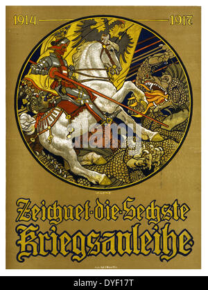 Die sechste zeichnet Kriegsanleihe, 1914-1917 von Maximilian Lenz, 1860-1948, Künstler. Veröffentlicht. Plakat zeigt einen Ritter zu Pferd, mit dem österreichisch-ungarischen Fahne hinter ihm, Slaying ein Drache. Text: Abonnieren Sie den 6. Weltkrieg Darlehen. 1917 Stockfoto