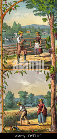 Geschenk für die grangers c 1873. chromolithograph. Werbeartikel drucken für Grange Mitglieder mit Szenen der Landwirtschaft und das Leben auf dem Bauernhof. Stockfoto