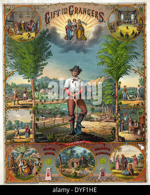 Geschenk für die grangers c 1873. chromolithograph. Werbeartikel drucken für Grange Mitglieder mit Szenen der Landwirtschaft und das Leben auf dem Bauernhof. Stockfoto