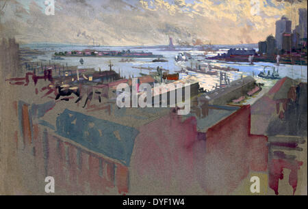 New York Bay von der Margaret von Joseph Pennell, 1857-1926, Künstler. Vom zwischen der Ca. 1922 und 1926. New York City. Wie Würth, 'Im Vordergrund Dächern auf Kolumbien Höhen, naher Entfernung Brooklyn Docks, East River, Governor's Island, das untere Ende von Manhattan und die Freiheitsstatue und Jersey Shore am Horizont. Farben, Creme, Blau, Grau, Rosa, Braun, Schwarz, Orange, Weiß und Violett, auf Dunkelgrau Papier." Stockfoto