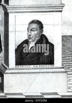 Karikatur Portrait von General La Fayette, der innerhalb einer politischen Abbildung aus dem Jahr 1800 namens 'Unabhängigkeit 1776 - Die Union muss erhalten werden". Detail auf der Basis einer Spalte in der Abbildung. Pendant zum Porträt von General Warren (innerhalb der gleichen allgemeinen Abbildung enthalten.) Stockfoto