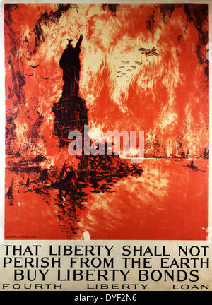 Diese Freiheit ist nicht von der Erde vertilgt - Freiheit-Anleihen kaufen vierten Freiheit Darlehen durch Künstler Joseph Pennell 1857-1926. Poster mit der Freiheitsstatue in Trümmern, und die Skyline von New York in Flammen. Vom 1918 Stockfoto