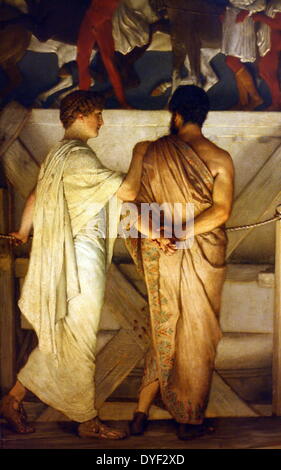 Detail von "Pheidias und der Fries des Parthenon" von Lawrence Alma-Tadema circa 1868. Öl auf Holz. Eine gemalte Szene vorstellen, 430 Jahre v. Chr. in Athen, wenn pheidias der Bildhauer wäre zuerst seine Arbeit auf der Frieze im Parthenon Tempel offenbart. Sie behauptet, dass die ursprünglichen Frieze haben würde Oberfläche Dekoration gemalt hatte. Dieses Gemälde zeigt Alma-Tademas fast fotorealistischen Stil, und eine unglaubliche Reichweite der Perspektive. Alma-Tadema lebte zwischen 1836-1912. Stockfoto