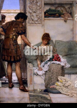 Ein stiller Gruß von Lawrence Alma-Tadema. Öl auf Holz, ca. 1889. Das Bild zeigt einen römischen Soldaten verlassen Blumen in den Schoß von seinem Geliebten, Sie zu überraschen, wenn sie aufwacht. Alma-Tadema war berühmt für Malerei das Alltagsleben der Menschen vergangener Epochen, um das Klischee der Malerei das antike Rom als Land der Götter und Heroics umgehen. Seine visuellen Stil ist erstaunlich realistische, grenzt auf der fotografischen. Stockfoto