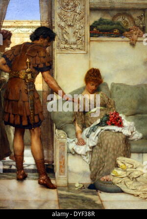 Ein stiller Gruß von Lawrence Alma-Tadema. Öl auf Holz, ca. 1889. Das Bild zeigt einen römischen Soldaten verlassen Blumen in den Schoß von seinem Geliebten, Sie zu überraschen, wenn sie aufwacht. Alma-Tadema war berühmt für Malerei das Alltagsleben der Menschen vergangener Epochen, um das Klischee der Malerei das antike Rom als Land der Götter und Heroics umgehen. Seine visuellen Stil ist erstaunlich realistische, grenzt auf der fotografischen. Stockfoto