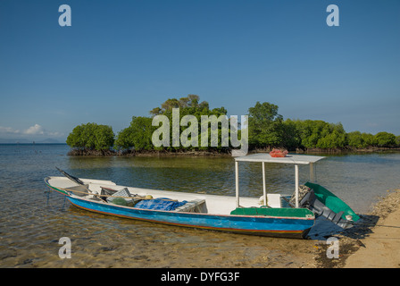 Boot auf dem Meer mit Mangroven in einem sonnigen Tag Nusa Lembongan Thailand Stockfoto